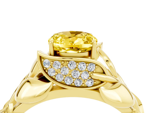Yellow gold Oval Cut Solitaire Leaf-Inspired Engagement Ring with Prong Setting_4
