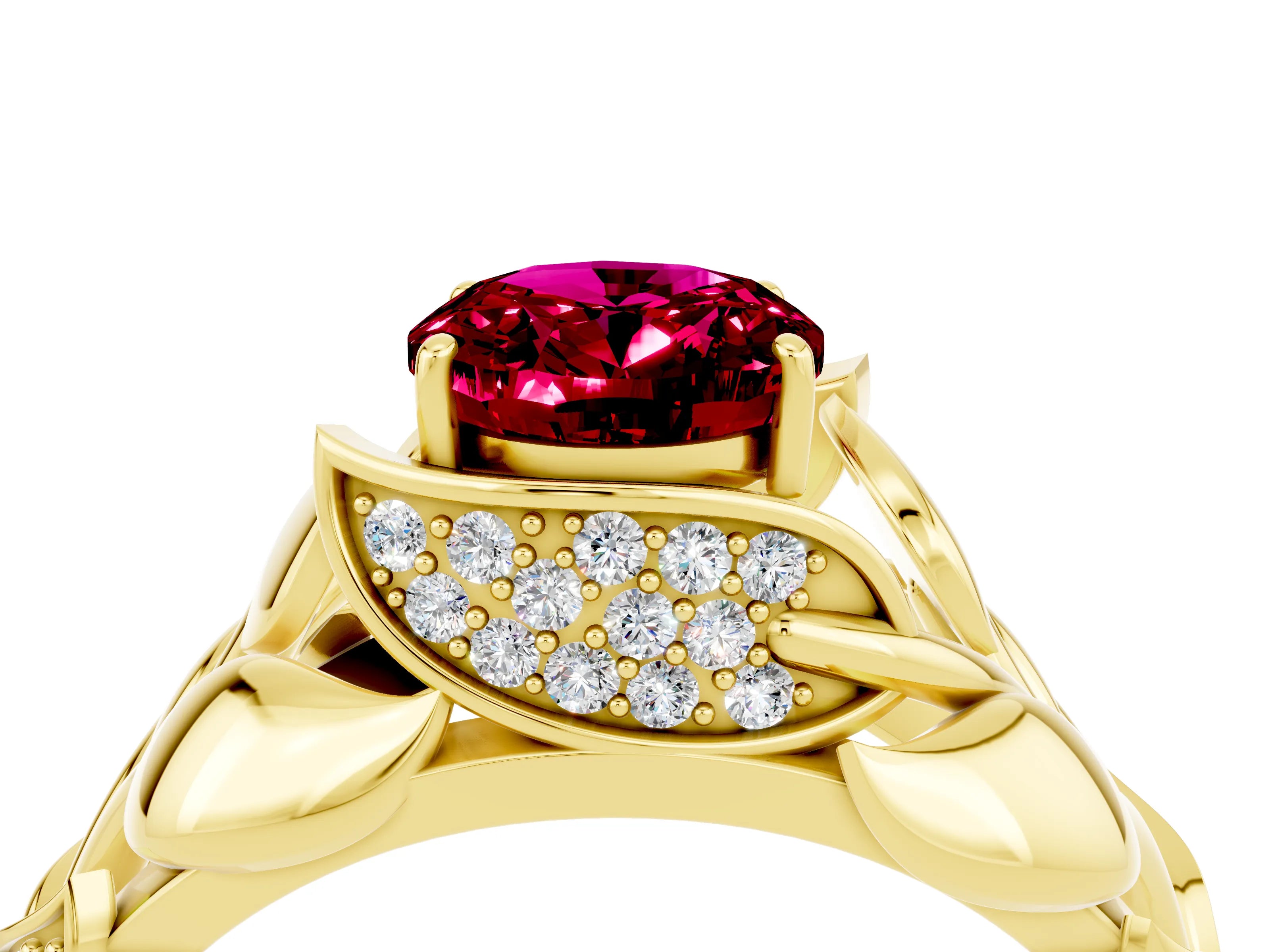 Yellow gold Oval Cut Solitaire Leaf-Inspired Engagement Ring with Prong Setting_4