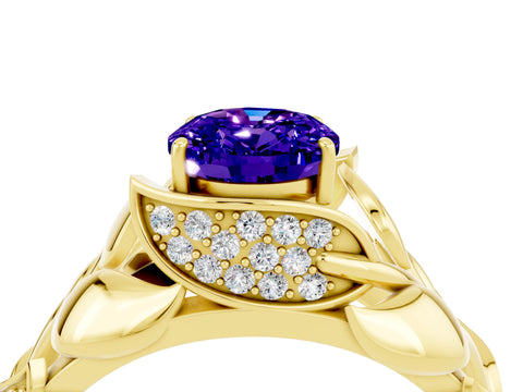 Yellow gold Oval Cut Solitaire Leaf-Inspired Engagement Ring with Prong Setting_4