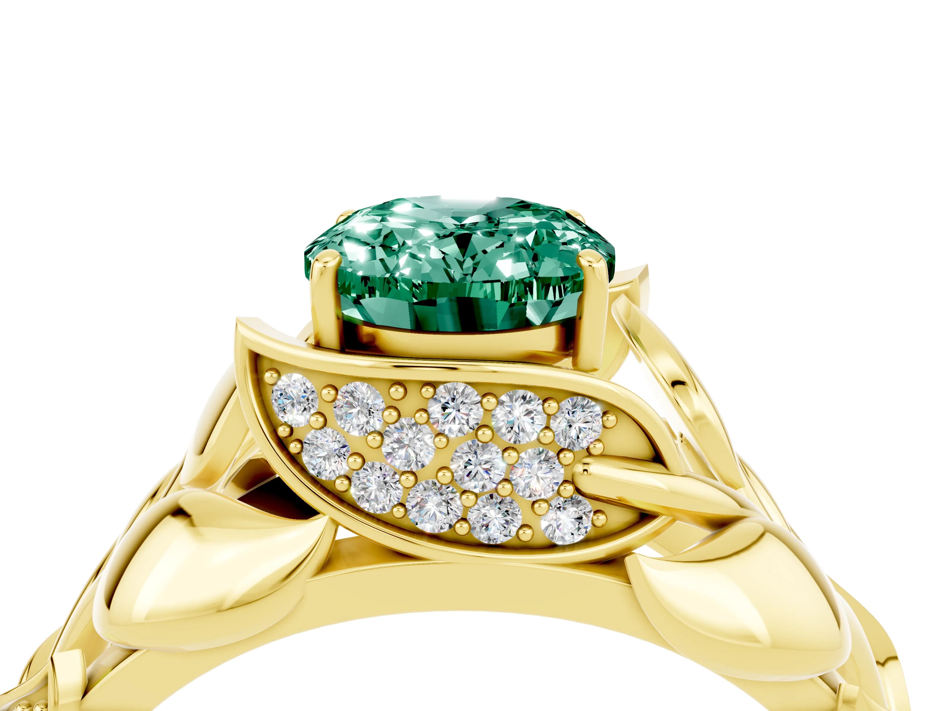 Yellow gold Oval Cut Solitaire Leaf-Inspired Engagement Ring with Prong Setting_4