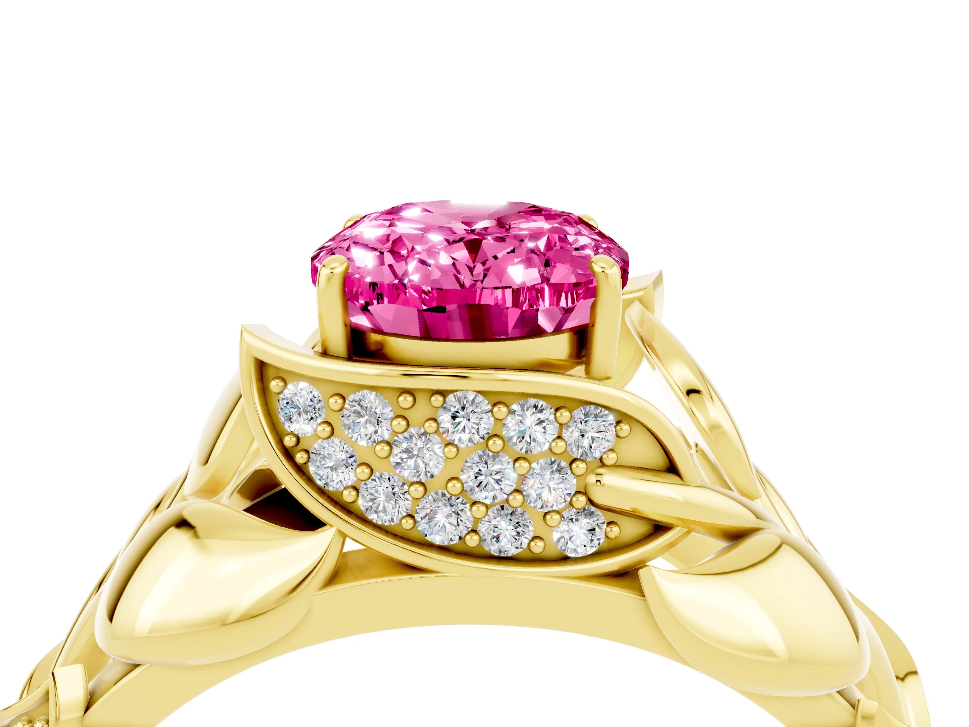 Yellow gold Oval Cut Solitaire Leaf-Inspired Engagement Ring with Prong Setting_4
