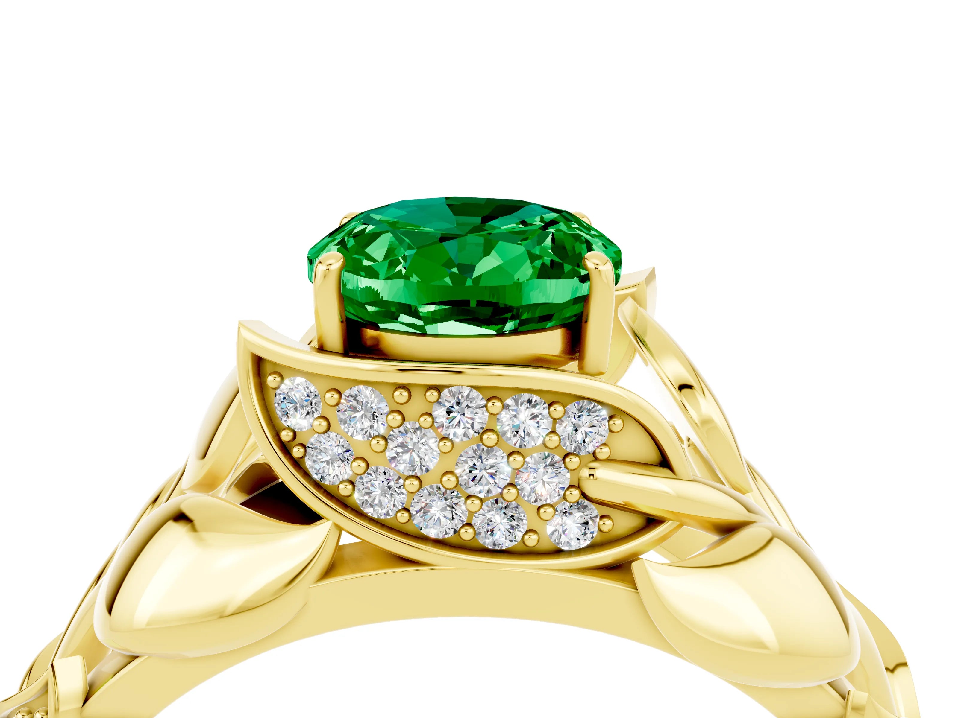 Yellow gold Oval Cut Solitaire Leaf-Inspired Engagement Ring with Prong Setting_4