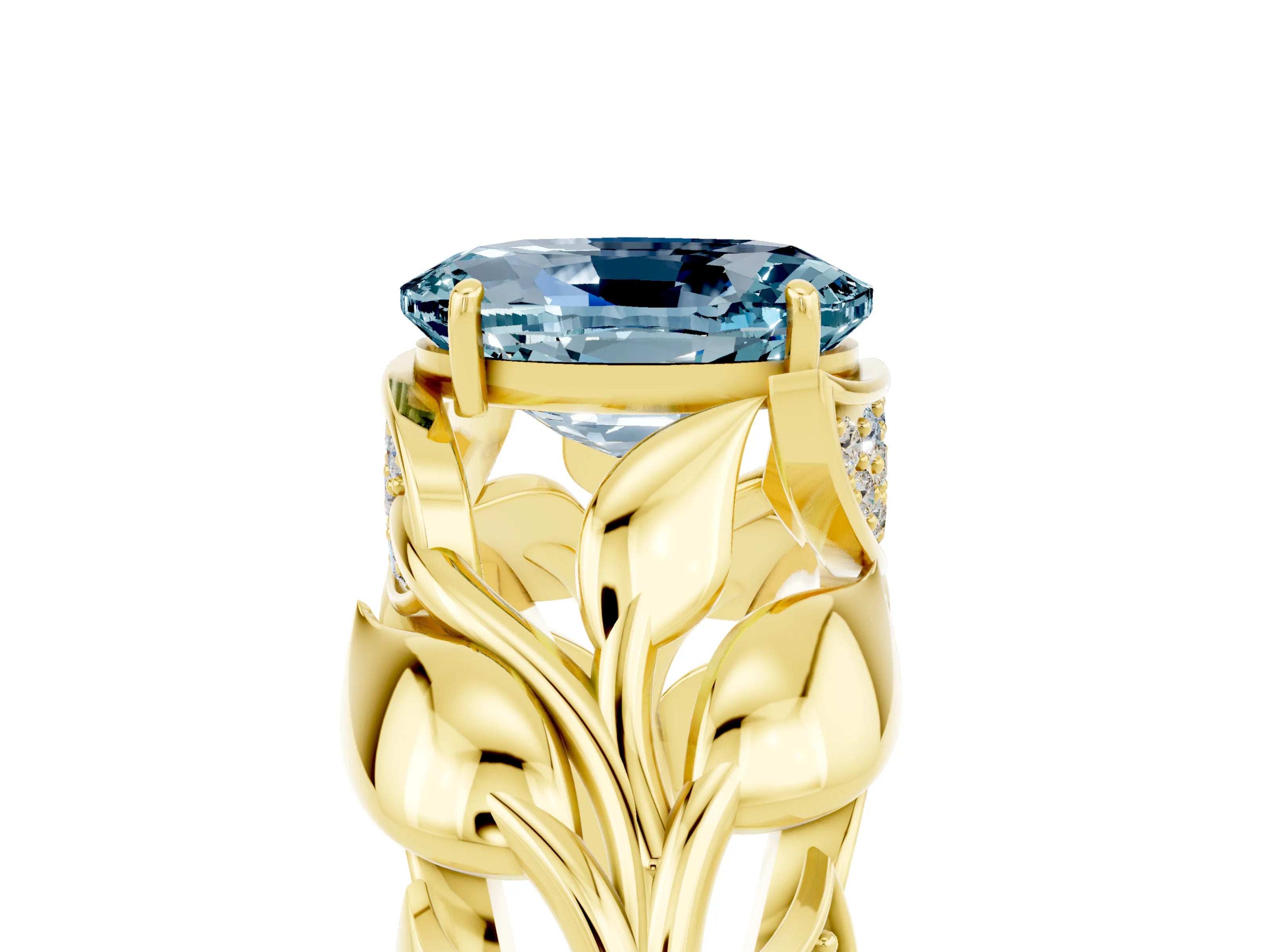 Yellow gold Oval Cut Solitaire Leaf-Inspired Engagement Ring with Prong Setting_5