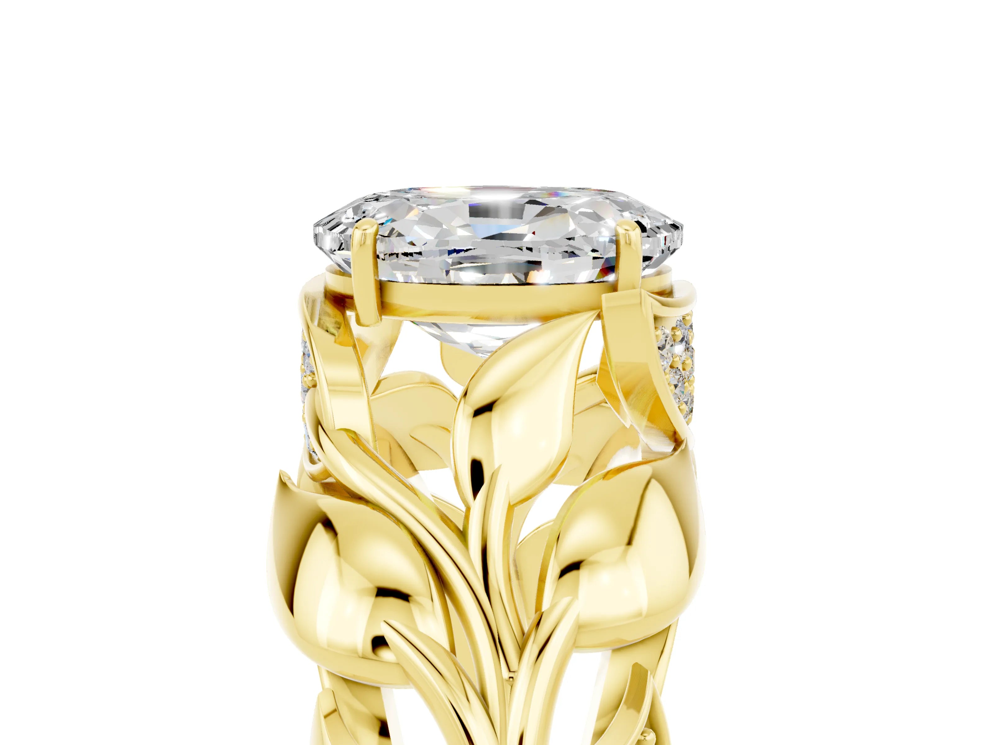 Yellow gold Oval Cut Solitaire Leaf-Inspired Engagement Ring with Prong Setting_5