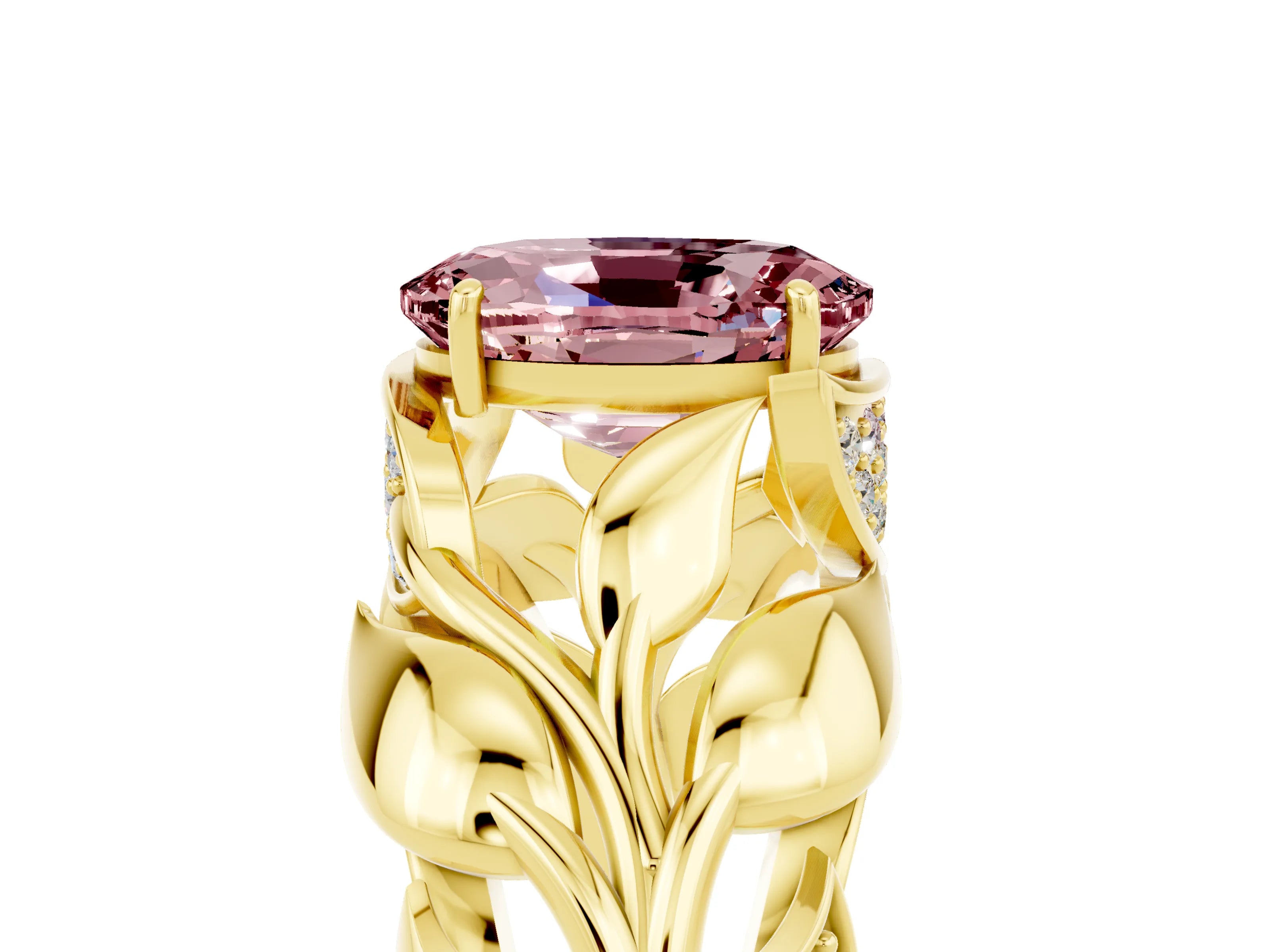 Yellow gold Oval Cut Solitaire Leaf-Inspired Engagement Ring with Prong Setting_5