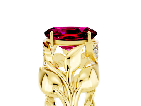 Yellow gold Oval Cut Solitaire Leaf-Inspired Engagement Ring with Prong Setting_5