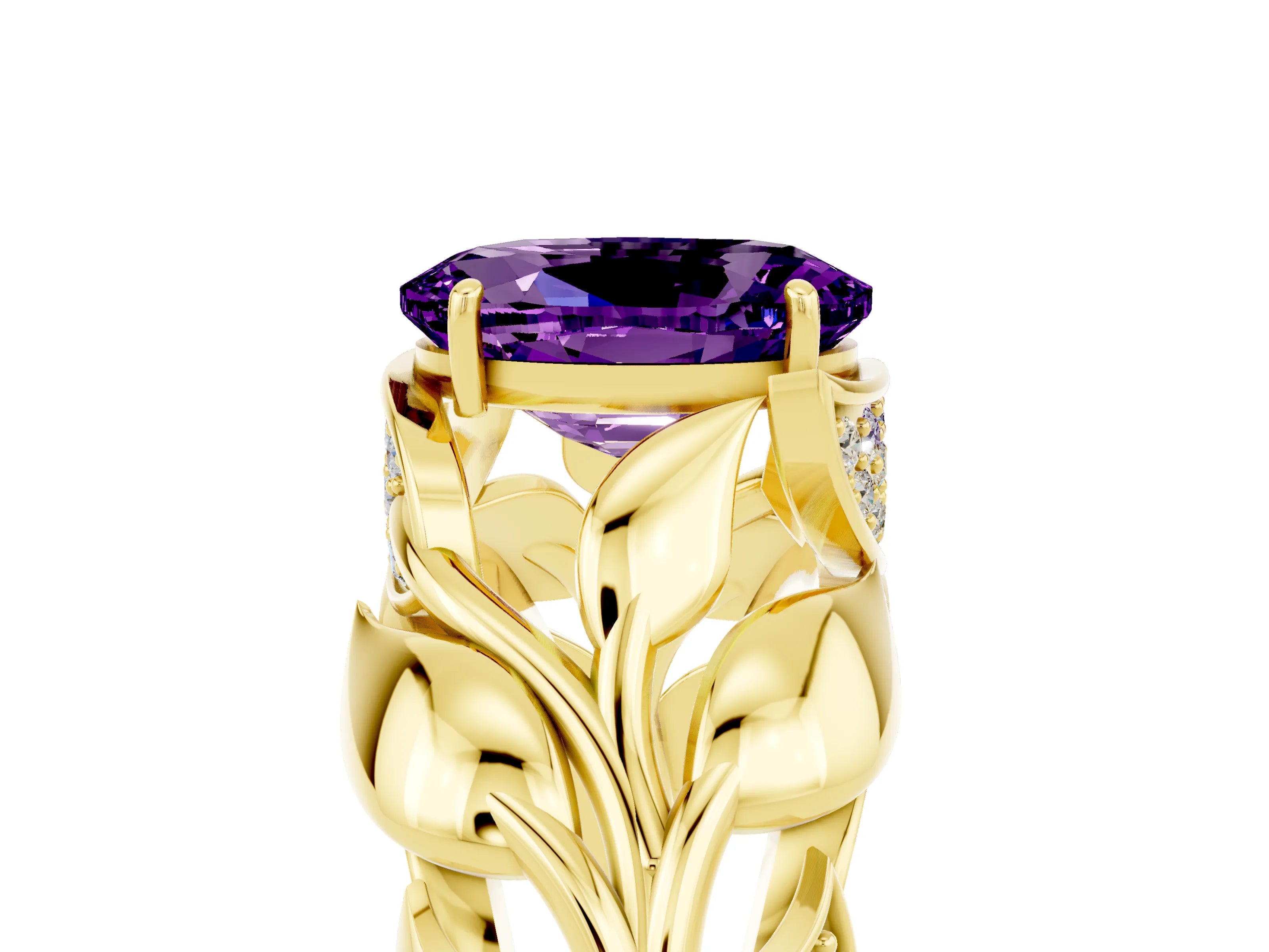 Yellow gold Oval Cut Solitaire Leaf-Inspired Engagement Ring with Prong Setting_5