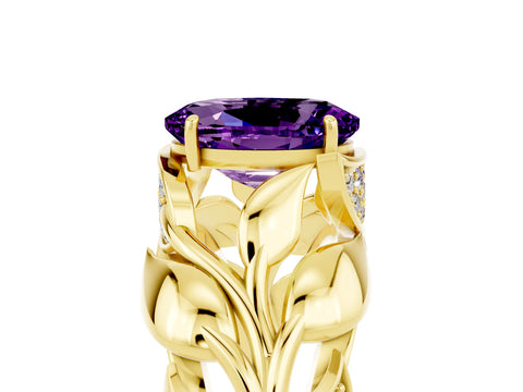 Yellow gold Oval Cut Solitaire Leaf-Inspired Engagement Ring with Prong Setting_5