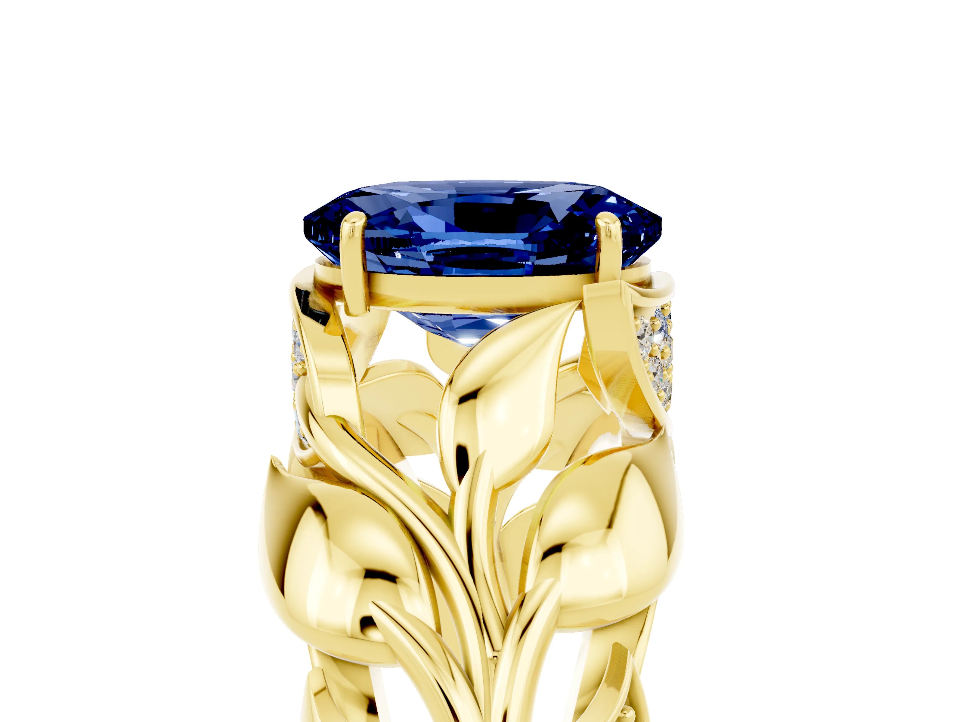 Yellow gold Oval Cut Solitaire Leaf-Inspired Engagement Ring with Prong Setting_5