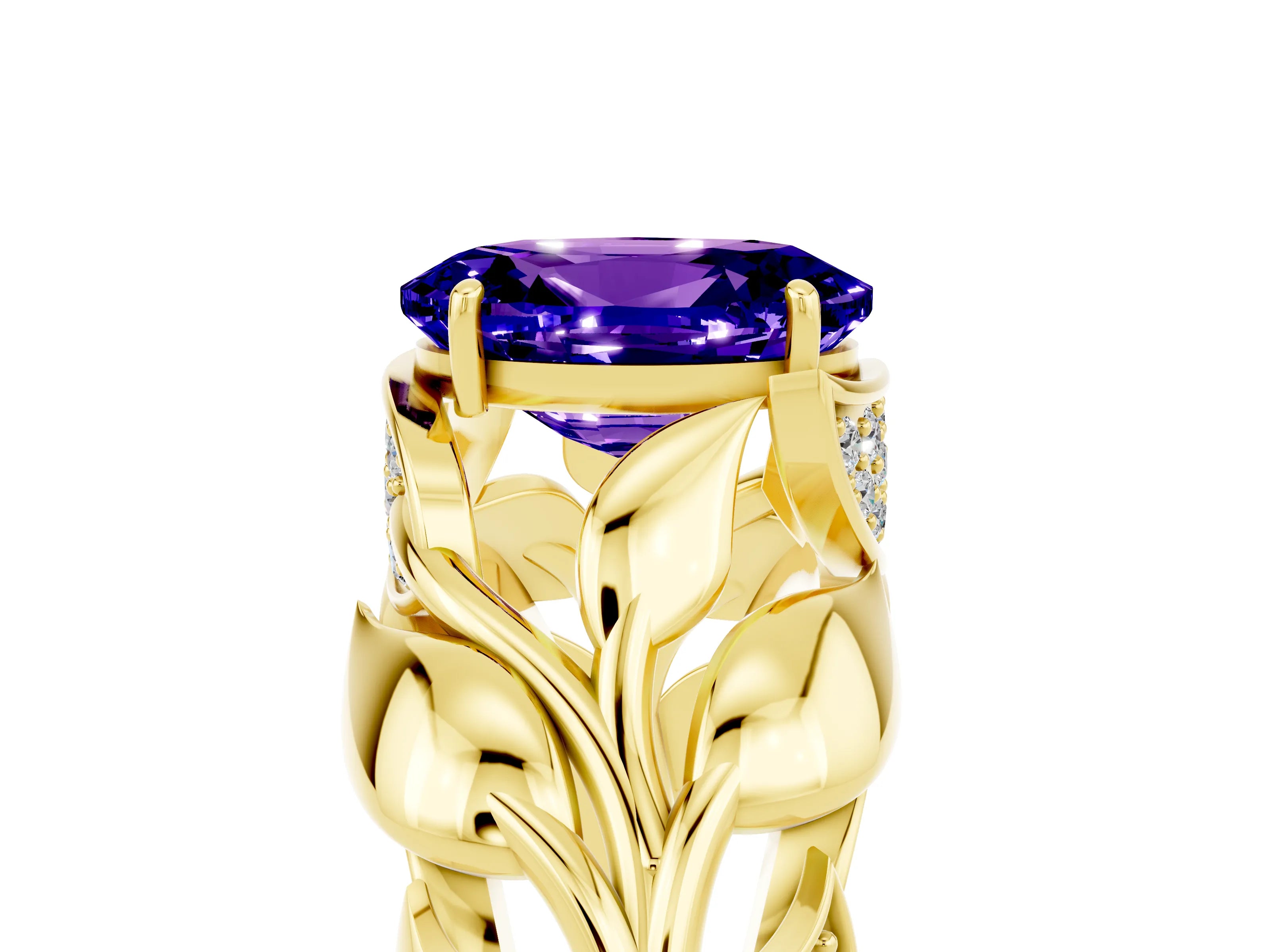 Yellow gold Oval Cut Solitaire Leaf-Inspired Engagement Ring with Prong Setting_5