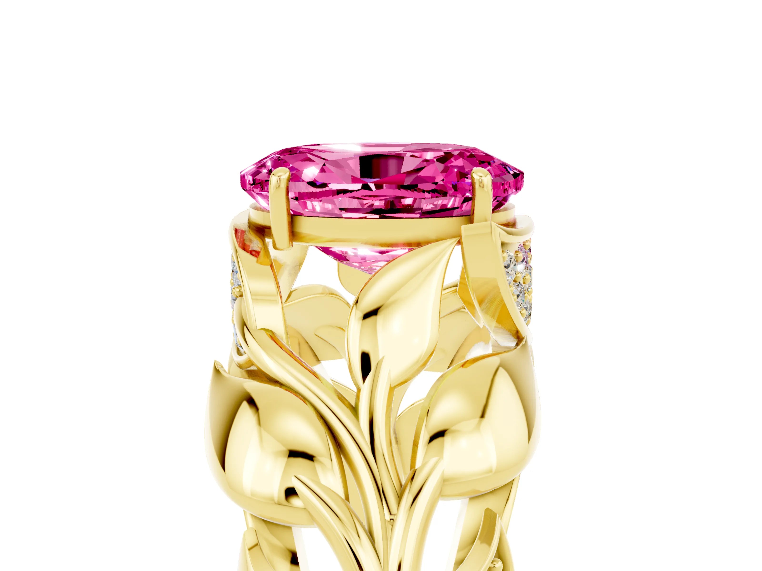 Yellow gold Oval Cut Solitaire Leaf-Inspired Engagement Ring with Prong Setting_5