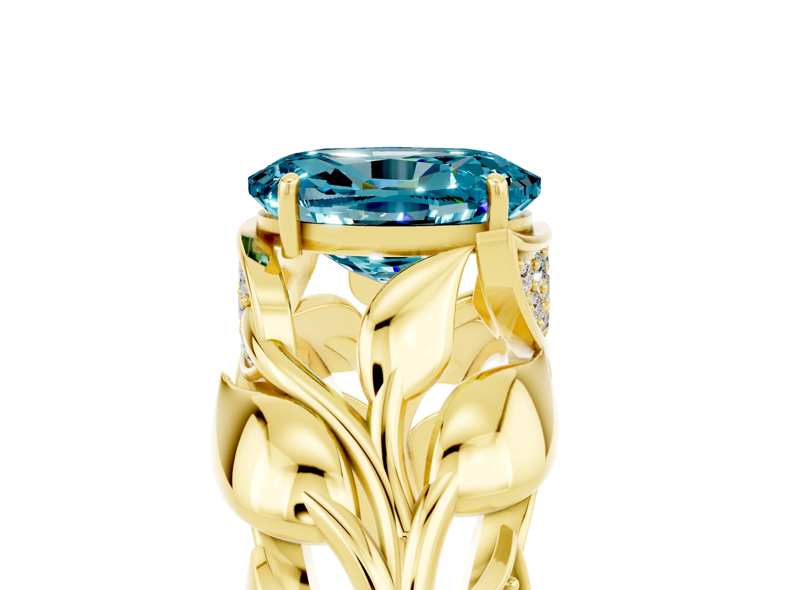 Yellow gold Oval Cut Solitaire Leaf-Inspired Engagement Ring with Prong Setting_5