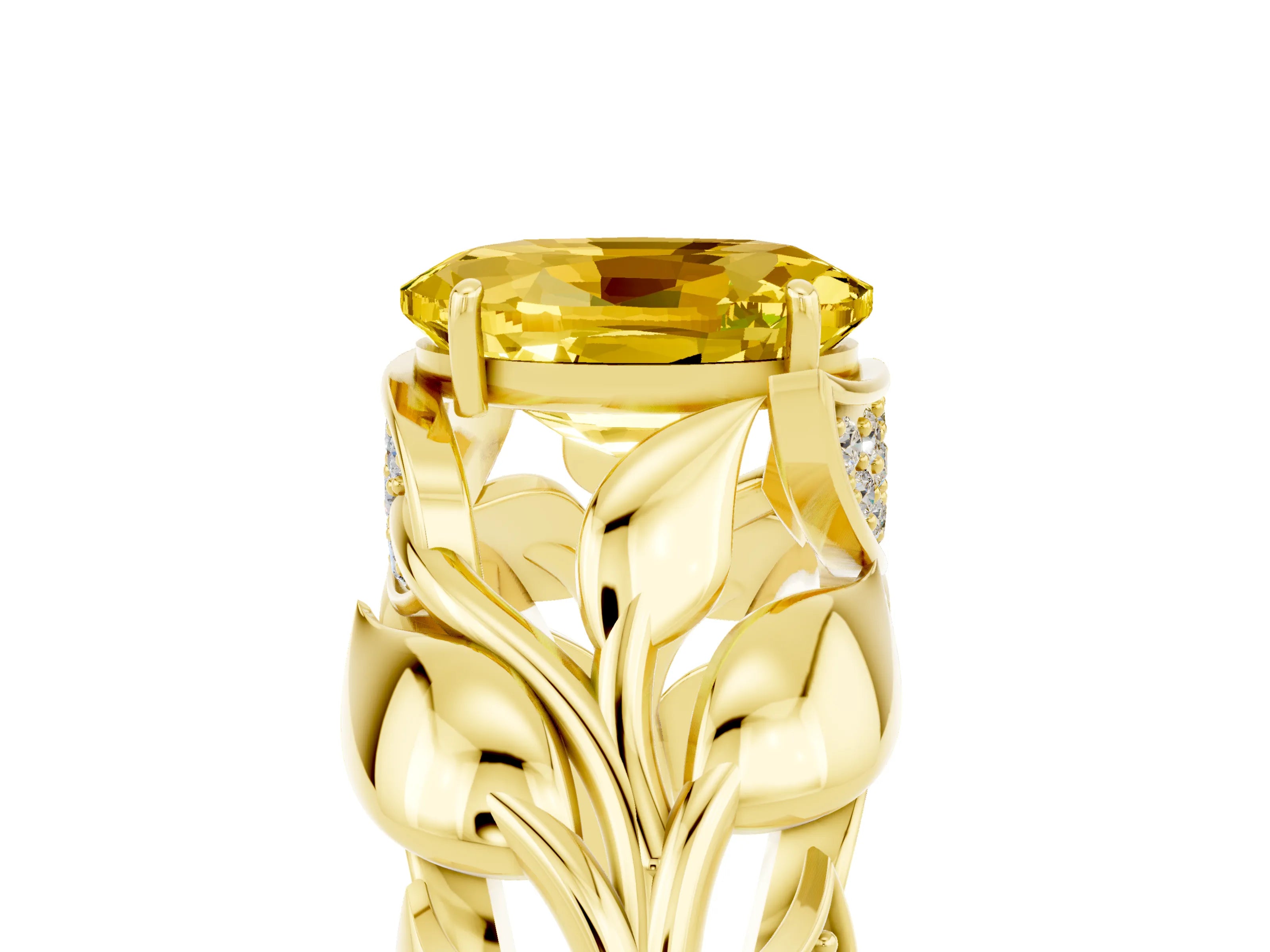 Yellow gold Oval Cut Solitaire Leaf-Inspired Engagement Ring with Prong Setting_5