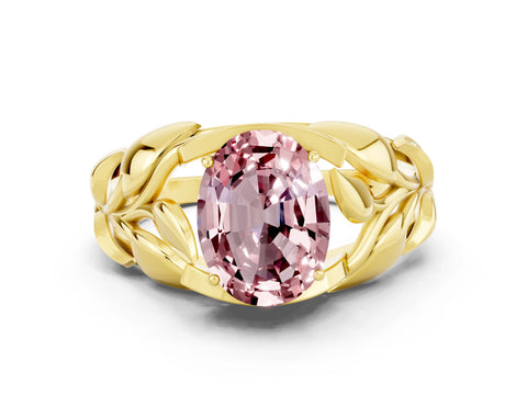 Yellow gold Oval Cut Solitaire Leaf-Inspired Engagement Ring with Prong Setting