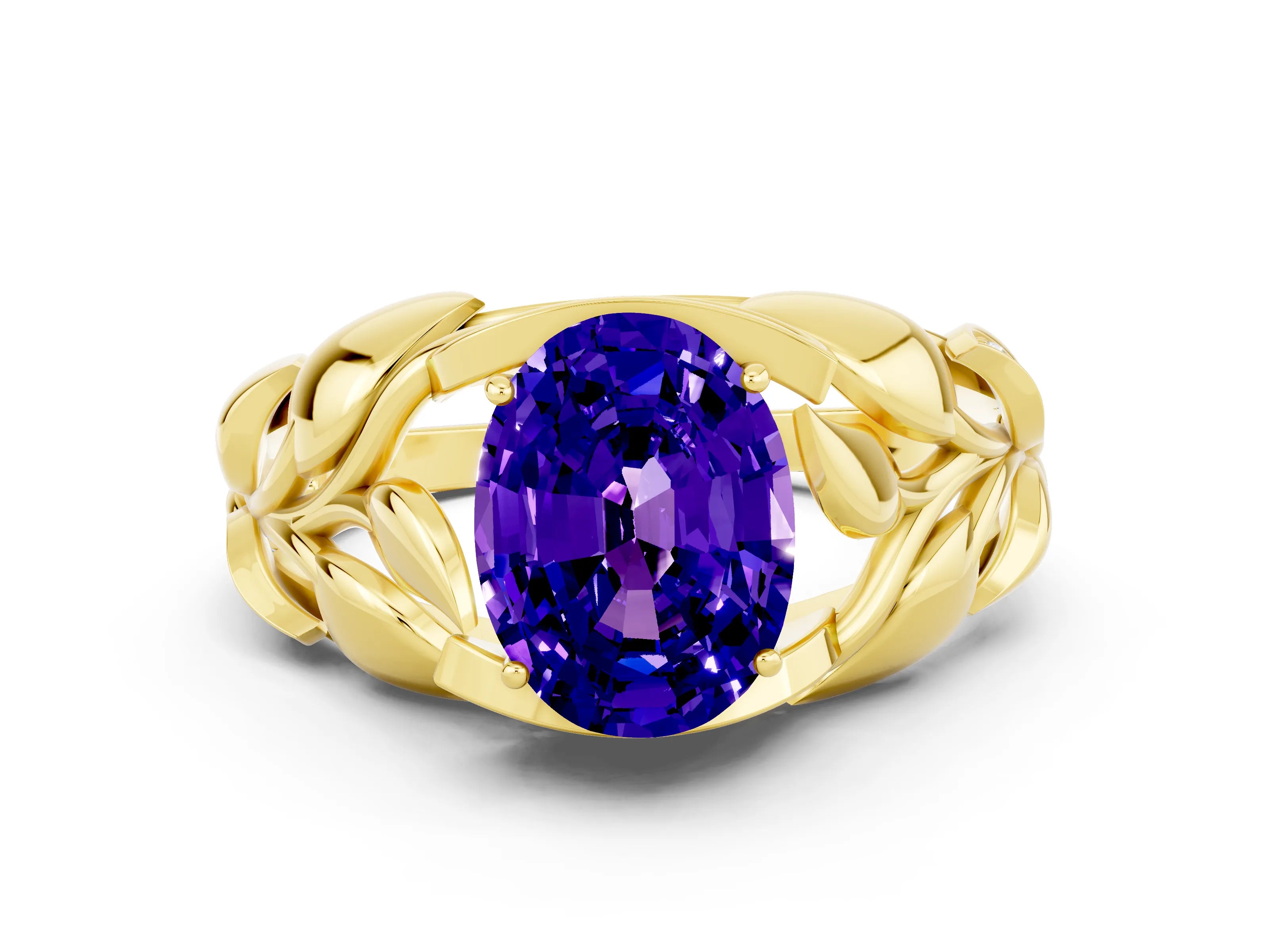 Yellow gold Oval Cut Solitaire Leaf-Inspired Engagement Ring with Prong Setting