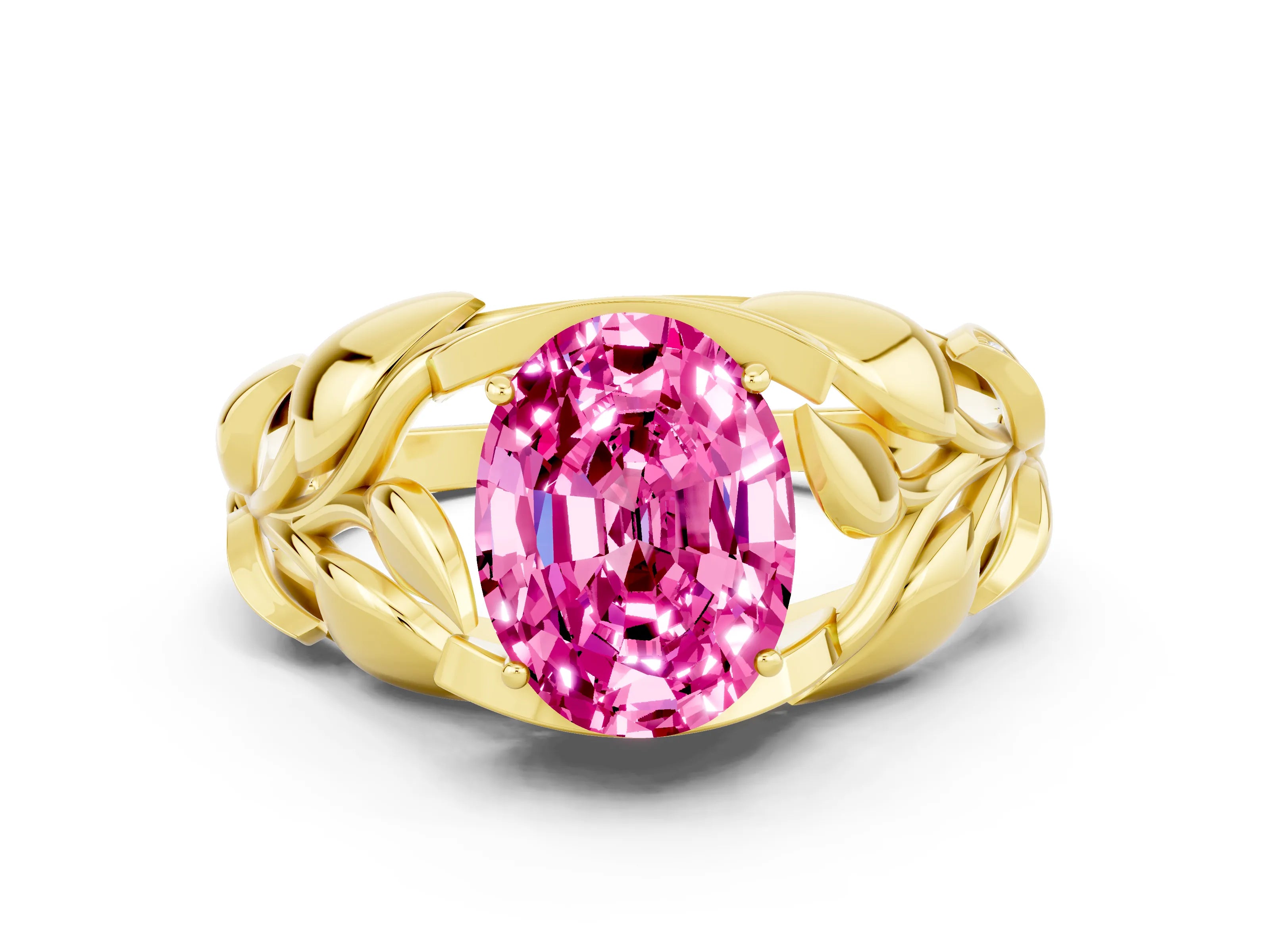 Yellow gold Oval Cut Solitaire Leaf-Inspired Engagement Ring with Prong Setting