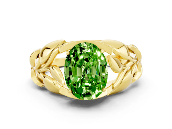 Yellow gold Oval Cut Solitaire Leaf-Inspired Engagement Ring with Prong Setting