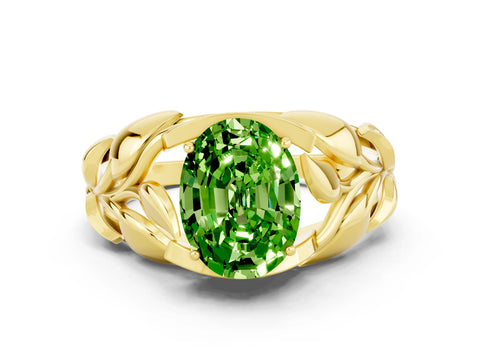 Yellow gold Oval Cut Solitaire Leaf-Inspired Engagement Ring with Prong Setting