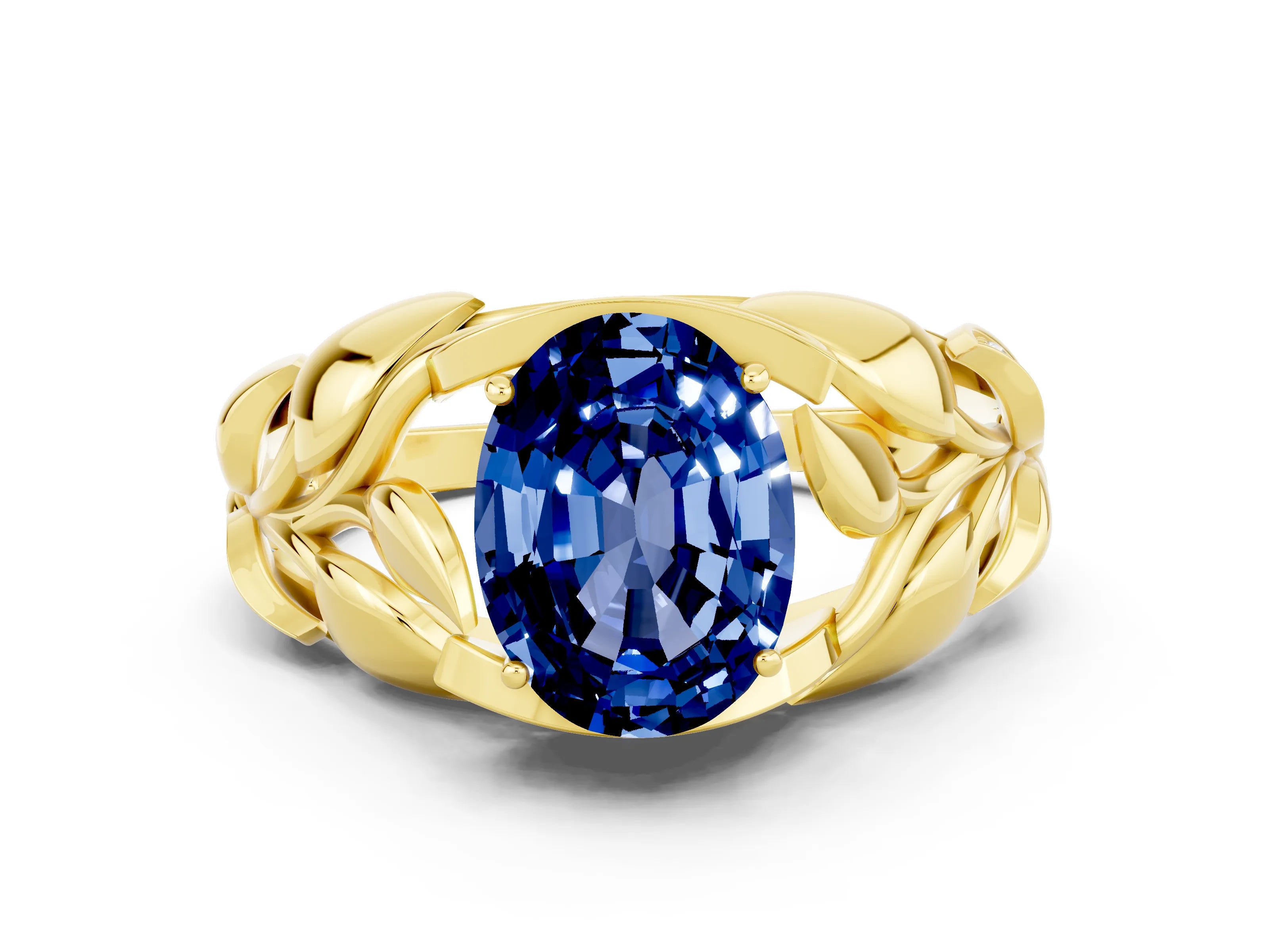 Yellow gold Oval Cut Solitaire Leaf-Inspired Engagement Ring with Prong Setting