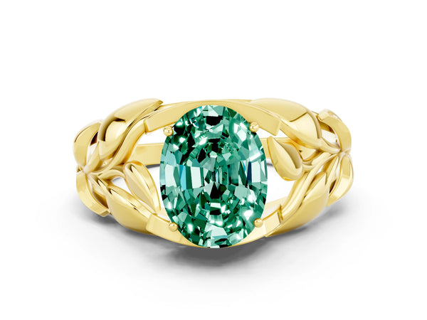 Yellow gold Oval Cut Green Sapphire Leaf-Inspired Engagement Ring with Round Accents and Prong Setting