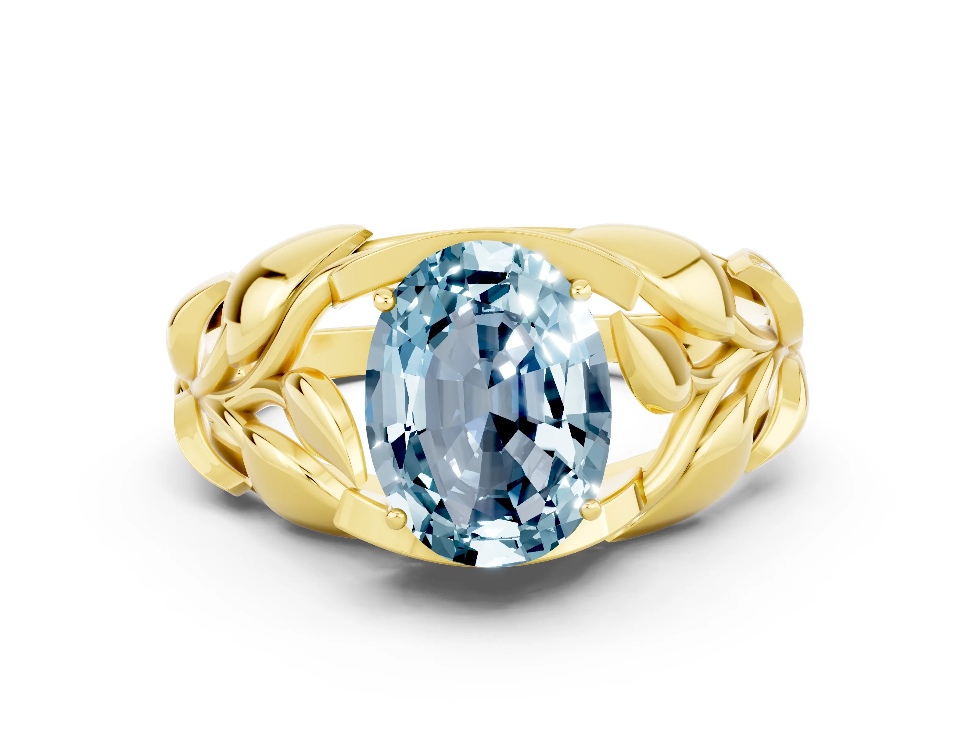 Yellow gold Oval Cut Solitaire Leaf-Inspired Engagement Ring with Prong Setting