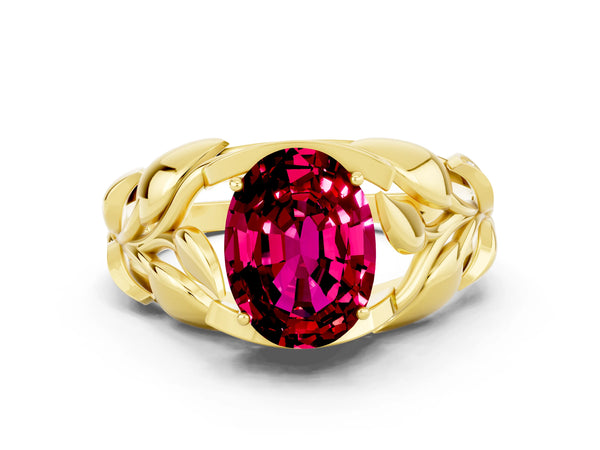 Yellow gold Oval Cut Garnet Leaf-Inspired Engagement Ring with Round Accents and Prong Setting