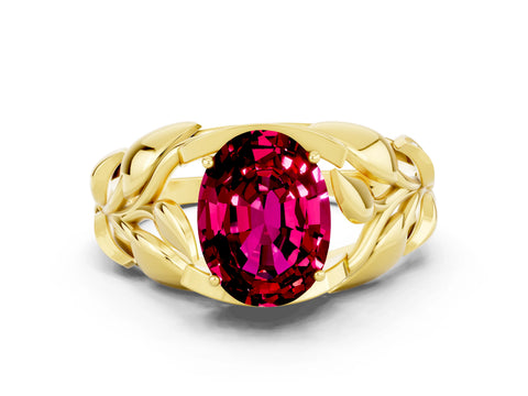 Yellow gold Oval Cut Solitaire Leaf-Inspired Engagement Ring with Prong Setting