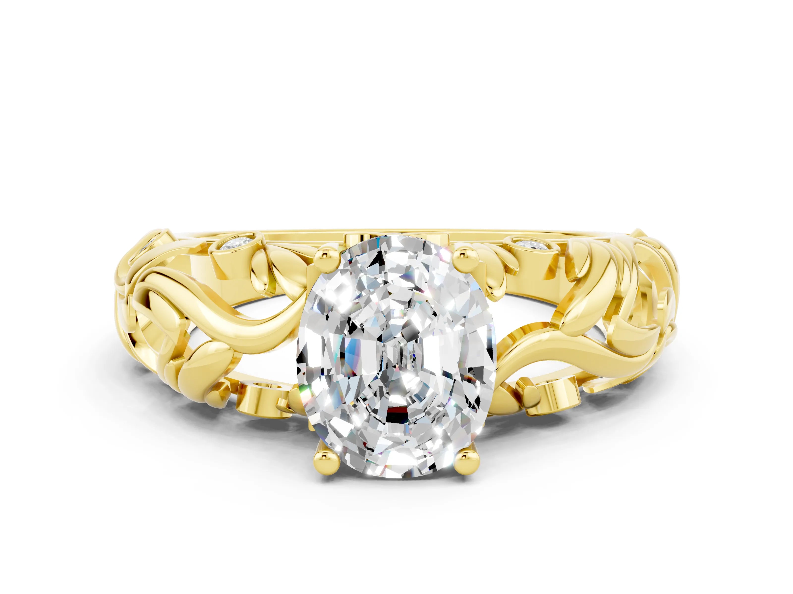 Yellow gold Oval Cut Solitaire Moissanite Leaf-Inspired Vine Band Ring with Prong Setting