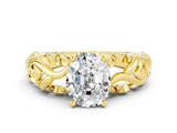 Yellow gold Oval Cut Solitaire Moissanite Leaf-Inspired Vine Band Ring with Prong Setting