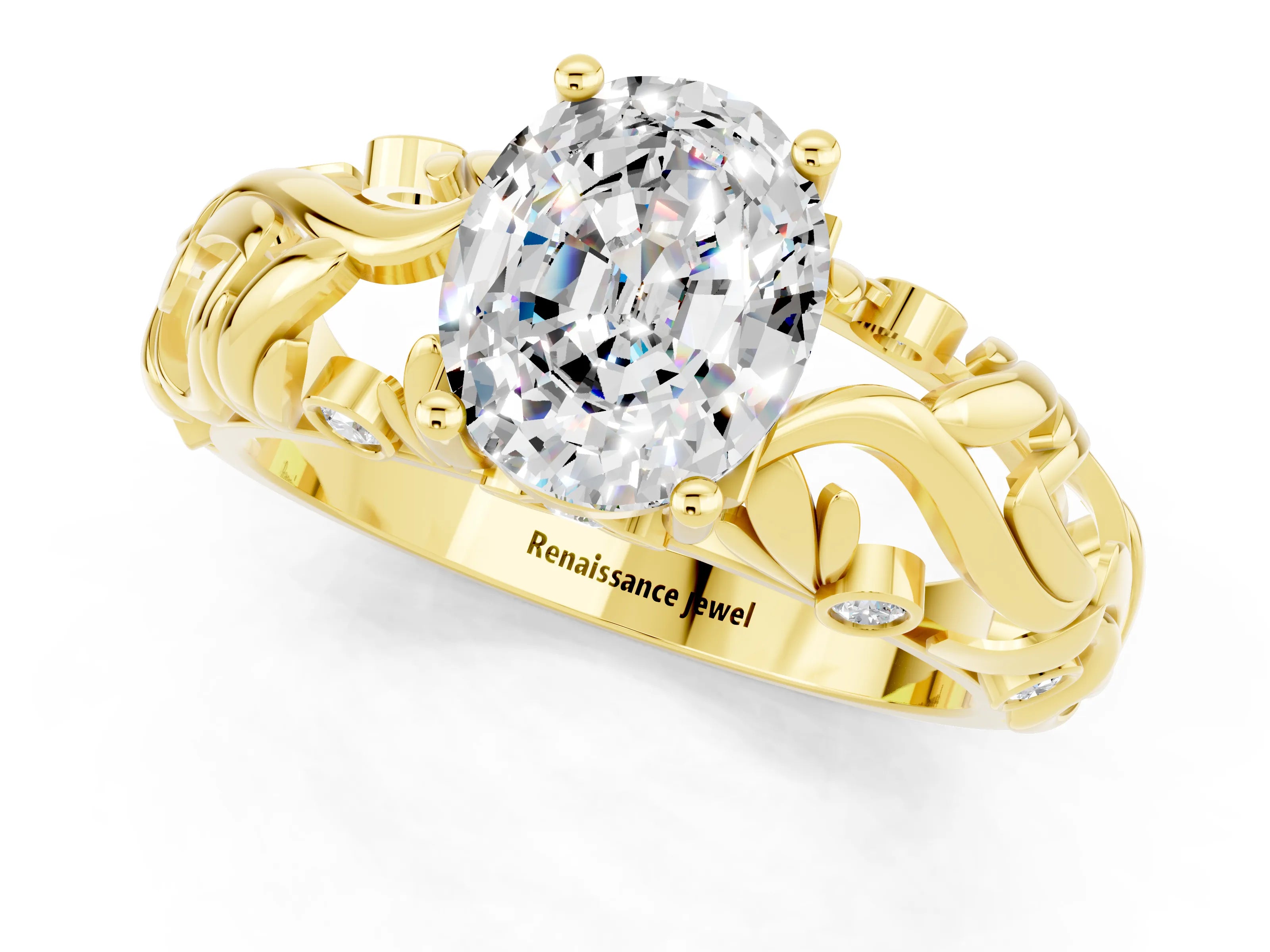 Yellow gold Oval Cut Solitaire Moissanite Leaf-Inspired Vine Band Ring with Prong Setting_1