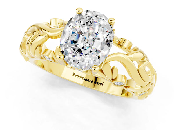 Yellow gold Oval Cut Solitaire Moissanite Leaf-Inspired Vine Band Ring with Prong Setting