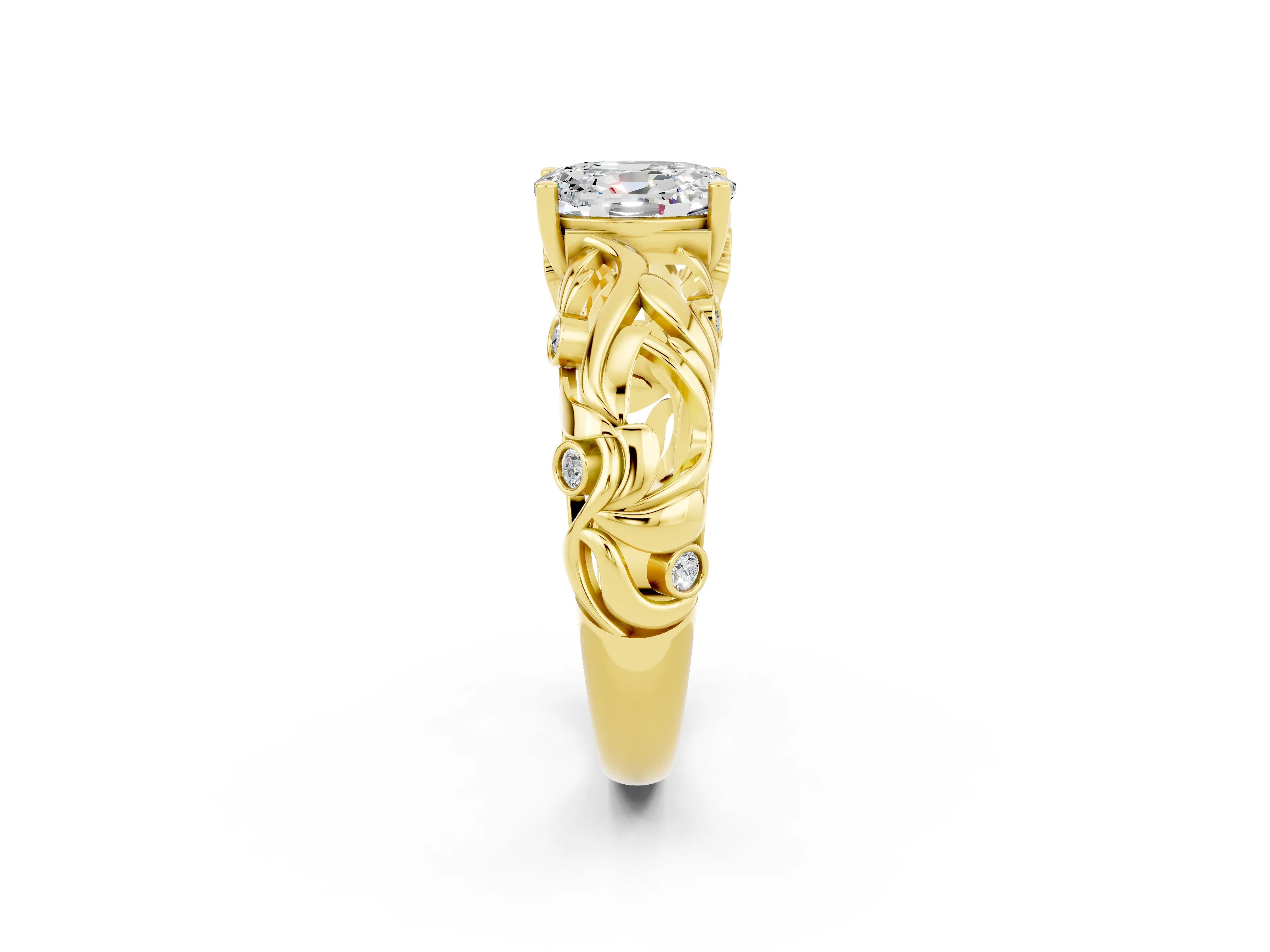 Yellow gold Oval Cut Solitaire Moissanite Leaf-Inspired Vine Band Ring with Prong Setting_2