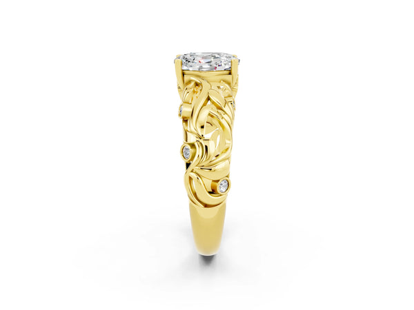 Yellow gold Oval Cut Solitaire Moissanite Leaf-Inspired Vine Band Ring with Prong Setting