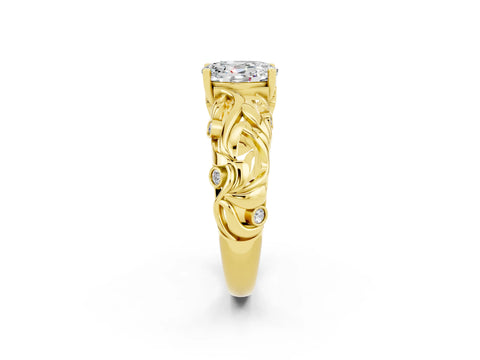 Yellow gold Oval Cut Solitaire Moissanite Leaf-Inspired Vine Band Ring with Prong Setting_2