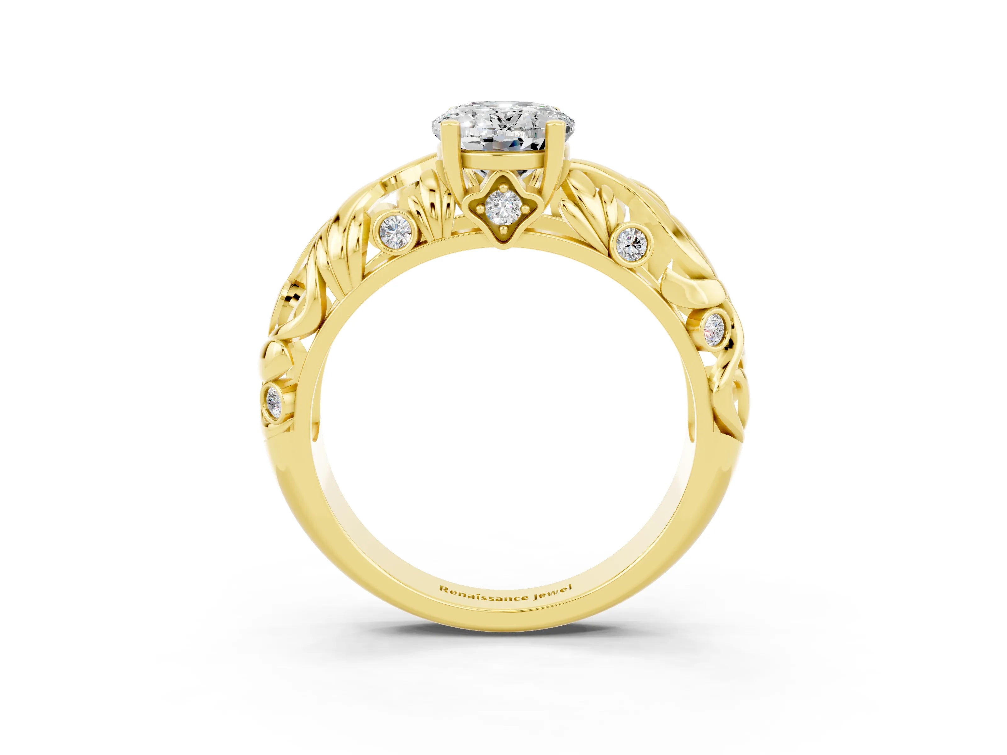 Yellow gold Oval Cut Solitaire Moissanite Leaf-Inspired Vine Band Ring with Prong Setting_3