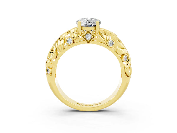 Yellow gold Oval Cut Solitaire Moissanite Leaf-Inspired Vine Band Ring with Prong Setting