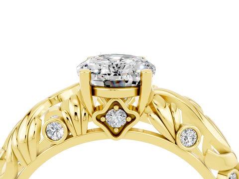 Yellow gold Oval Cut Solitaire Moissanite Leaf-Inspired Vine Band Ring with Prong Setting_4