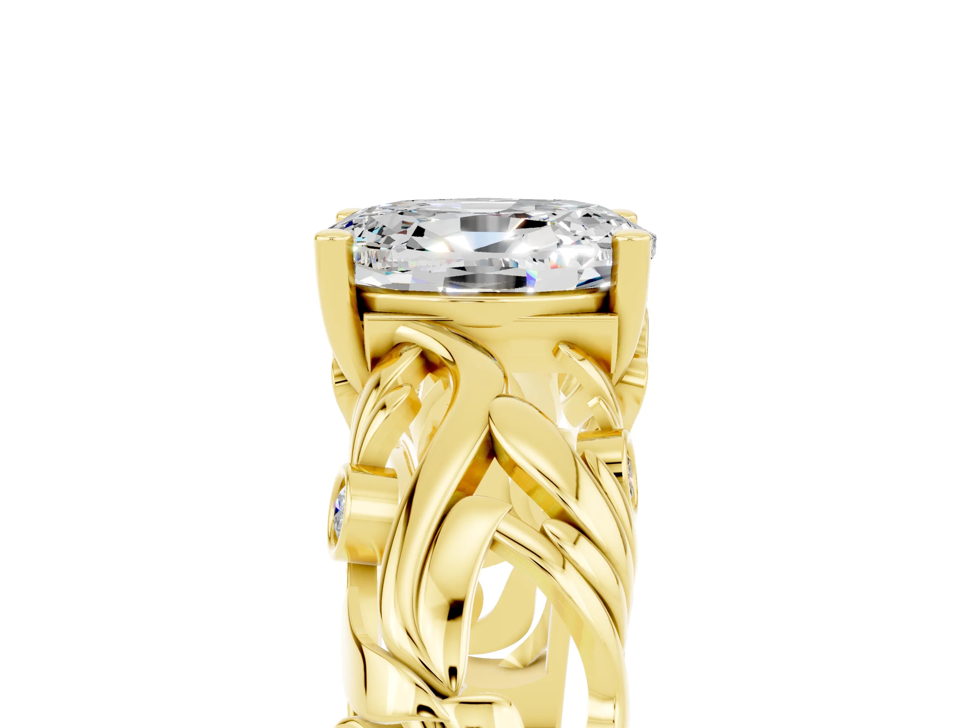 Yellow gold Oval Cut Solitaire Moissanite Leaf-Inspired Vine Band Ring with Prong Setting_5