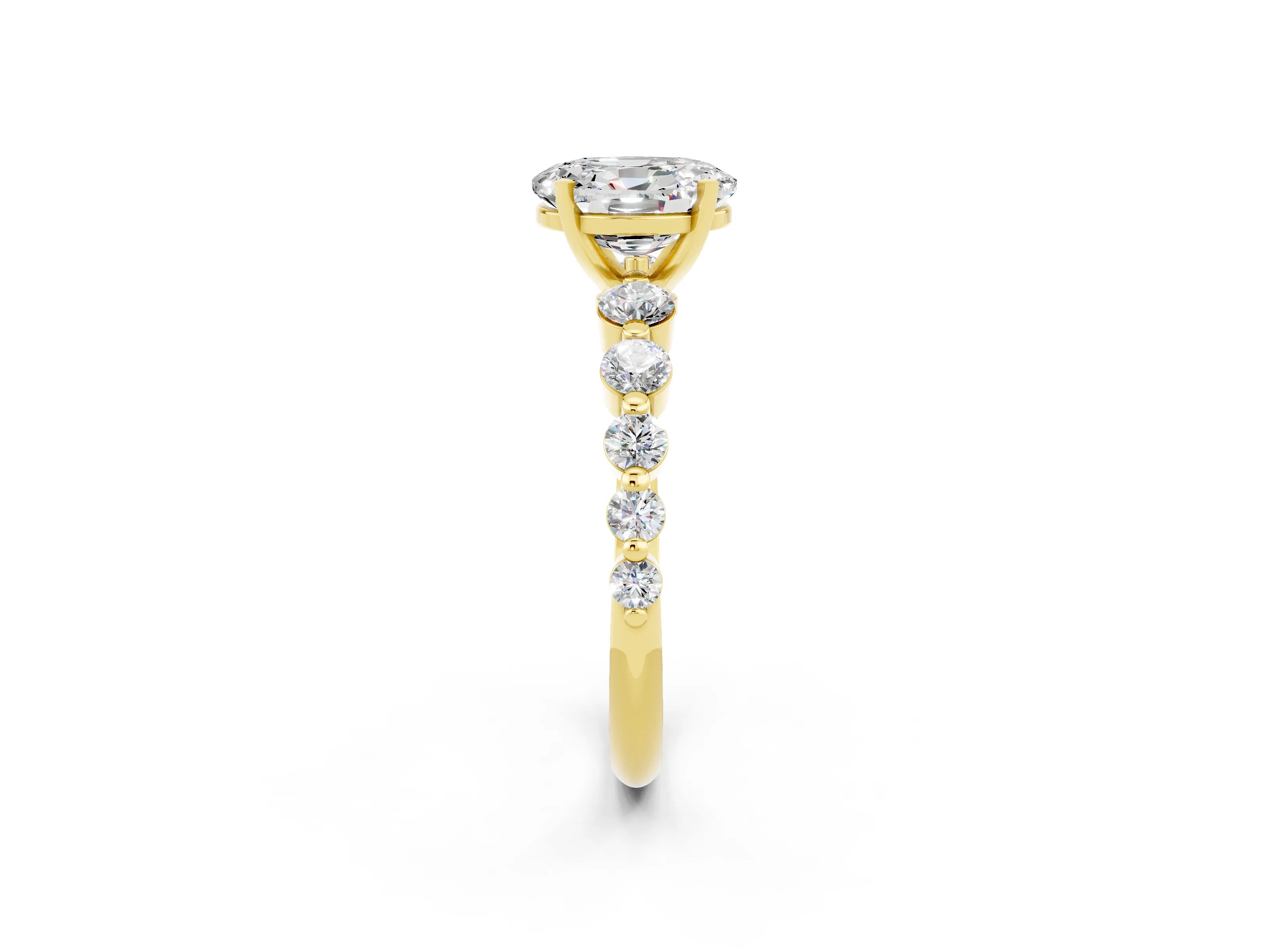 Yellow gold Oval Cut Solitaire Moissanite Ring with Pave Band and Four-Prong Setting_2