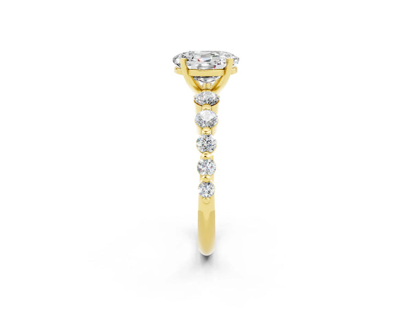 Yellow gold Oval Cut Solitaire Moissanite Ring with Pave Band and Four-Prong Setting