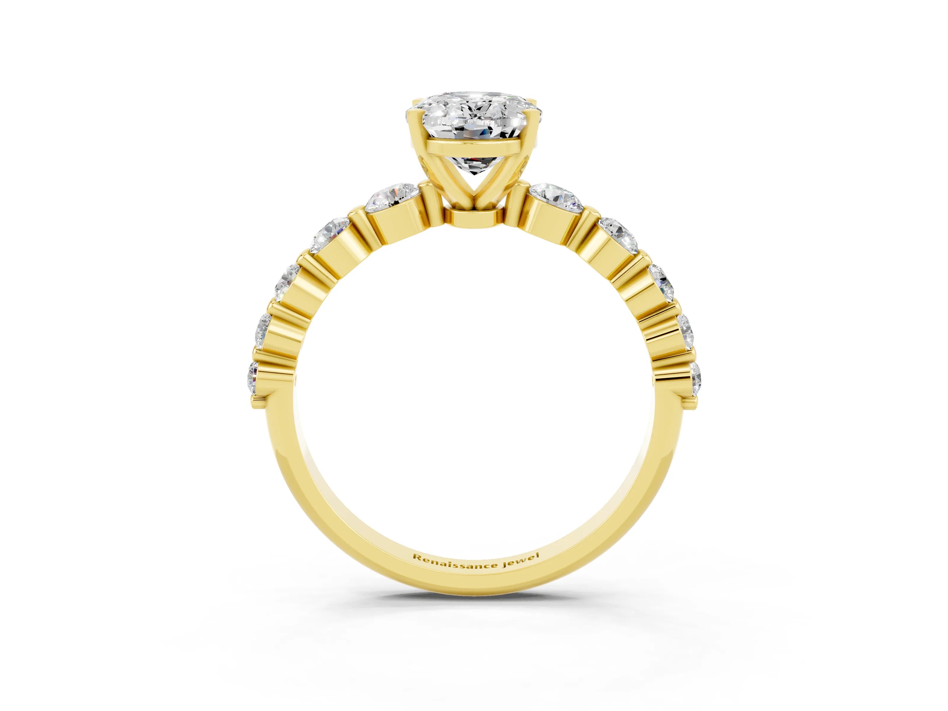 Yellow gold Oval Cut Solitaire Moissanite Ring with Pave Band and Four-Prong Setting_3