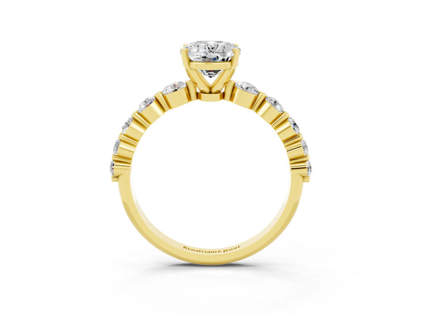 Yellow gold Oval Cut Solitaire Moissanite Ring with Pave Band and Four-Prong Setting