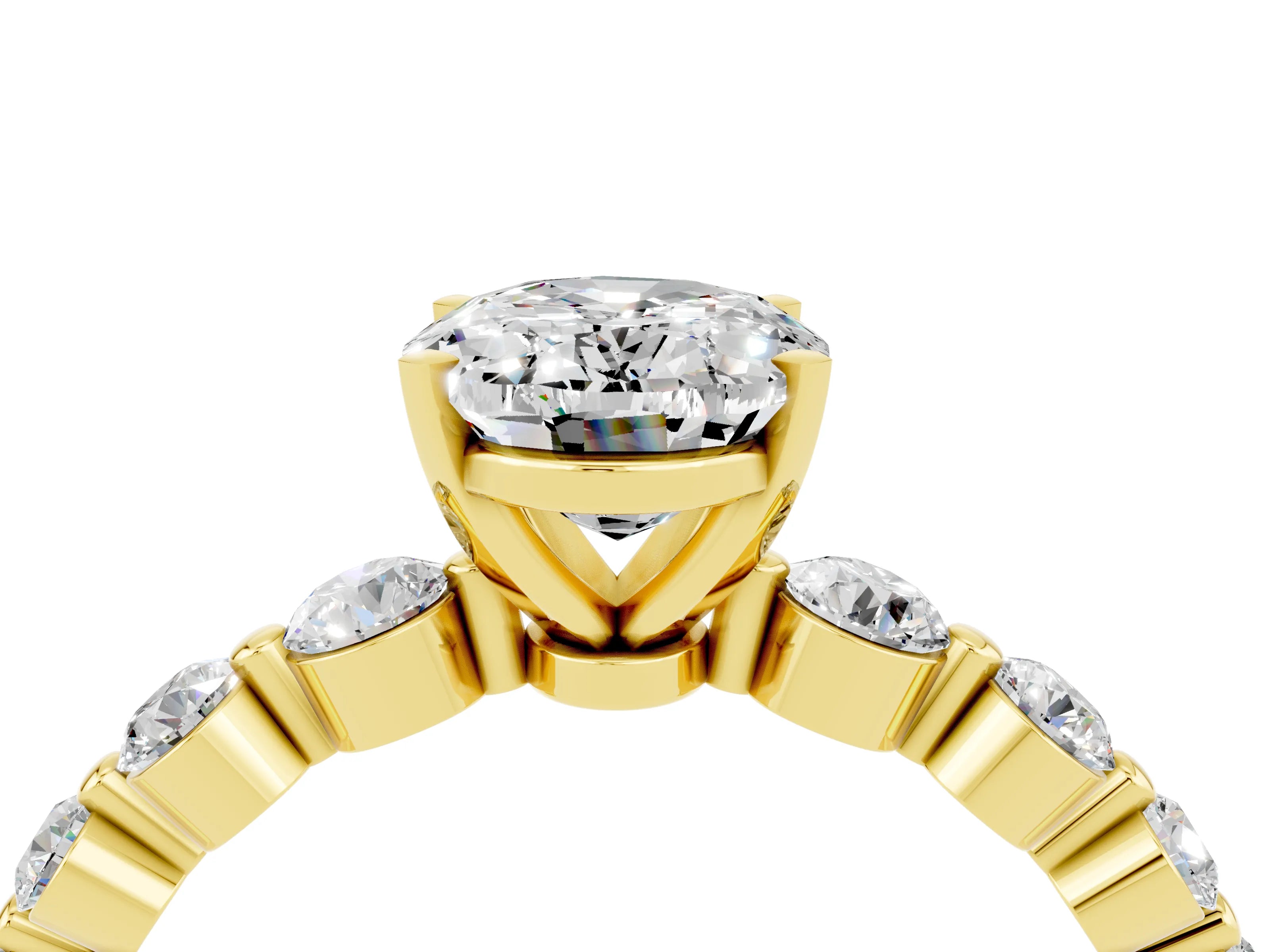Yellow gold Oval Cut Solitaire Moissanite Ring with Pave Band and Four-Prong Setting_4