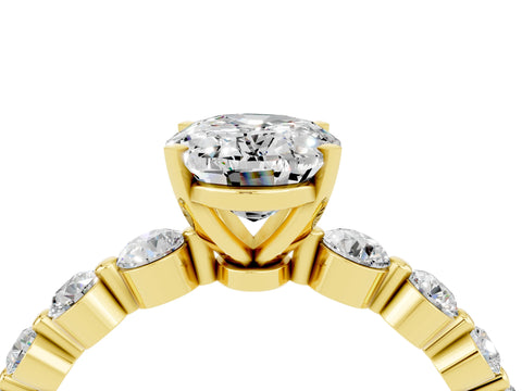 Yellow gold Oval Cut Solitaire Moissanite Ring with Pave Band and Four-Prong Setting_4