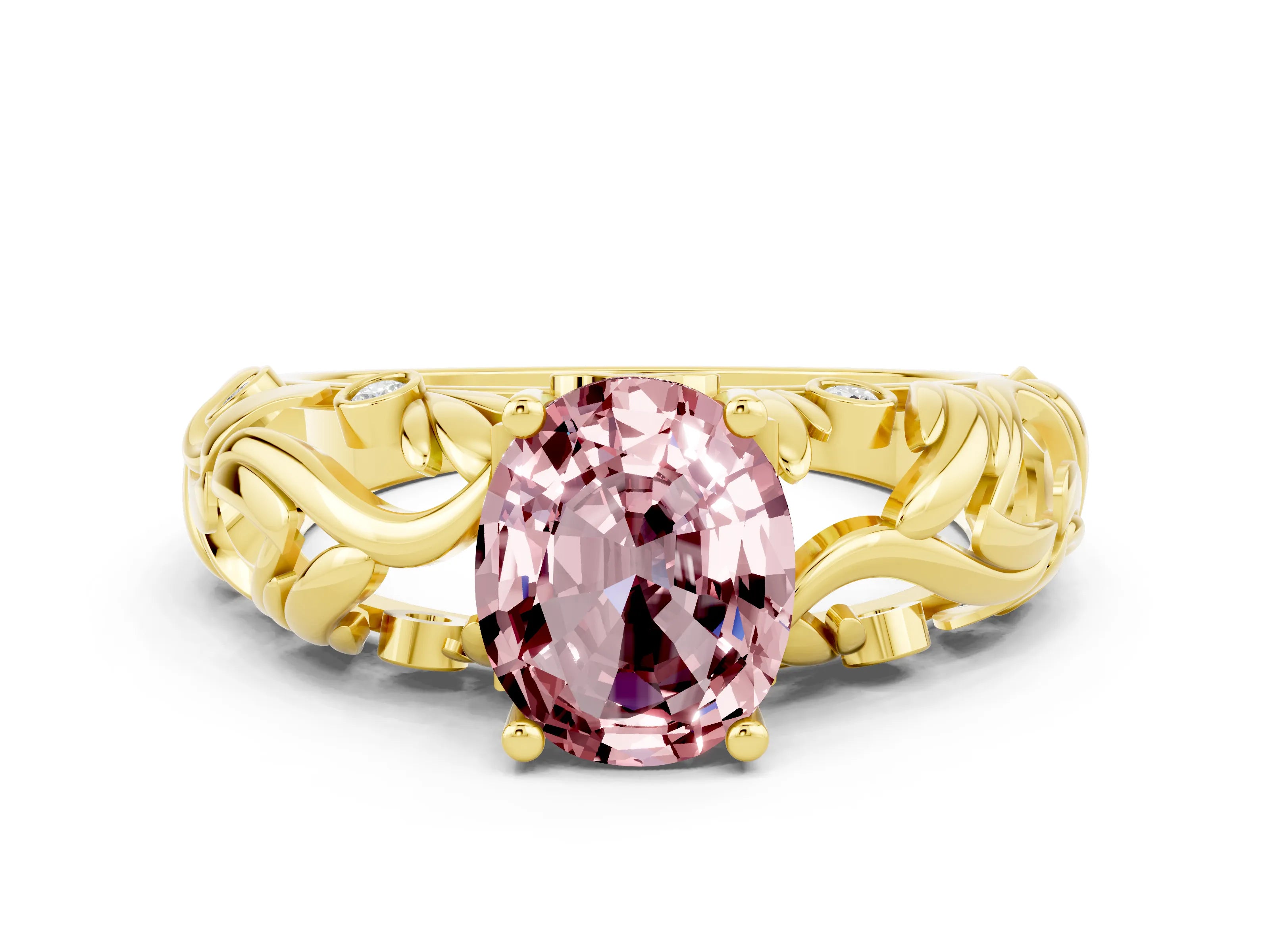 Yellow gold Oval Cut Solitaire Morganite Leaf-Inspired Vine Band Ring with Prong Setting