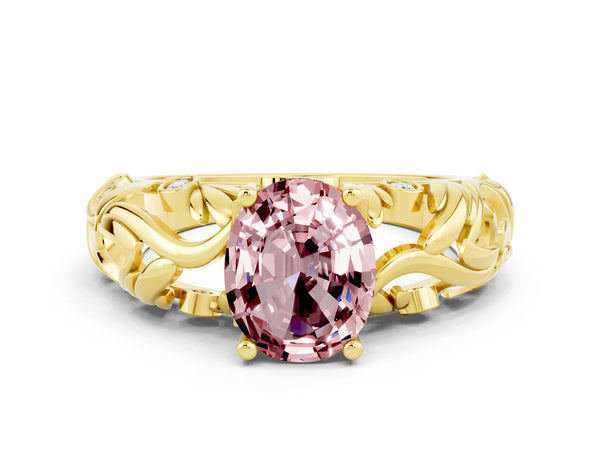 Yellow gold Oval Cut Solitaire Morganite Leaf-Inspired Vine Band Ring with Prong Setting