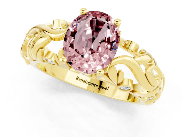 Yellow gold Oval Cut Solitaire Morganite Leaf-Inspired Vine Band Ring with Prong Setting