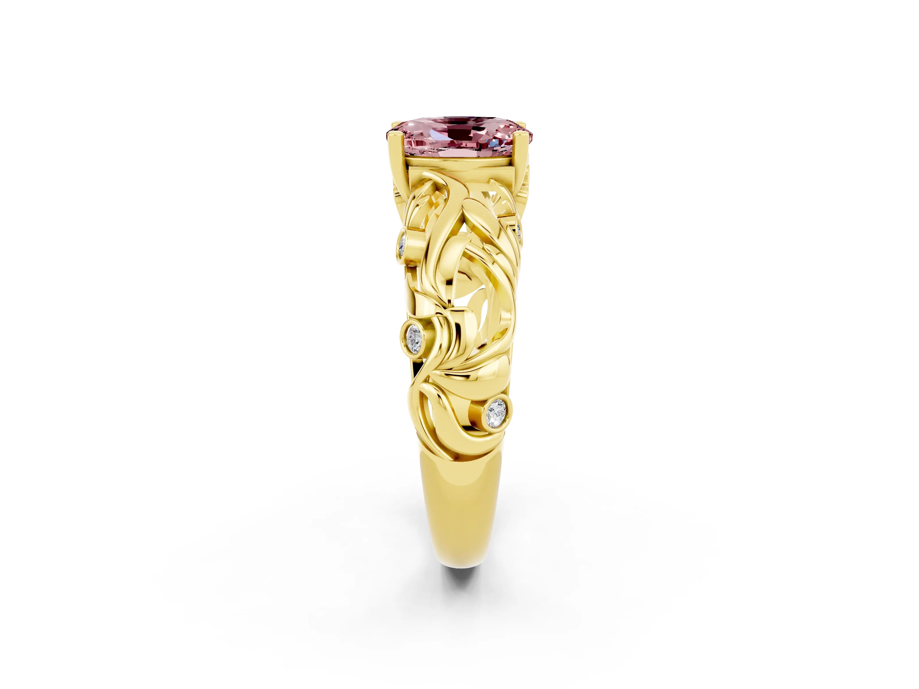 Yellow gold Oval Cut Solitaire Morganite Leaf-Inspired Vine Band Ring with Prong Setting_2