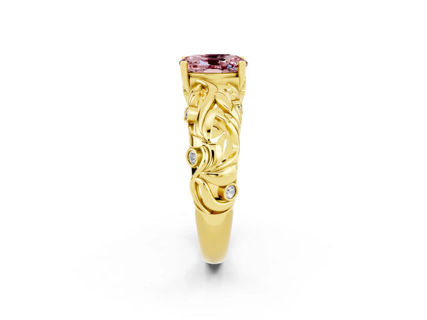 Yellow gold Oval Cut Solitaire Morganite Leaf-Inspired Vine Band Ring with Prong Setting