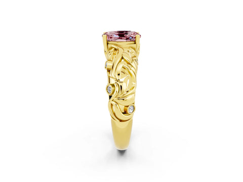 Yellow gold Oval Cut Solitaire Morganite Leaf-Inspired Vine Band Ring with Prong Setting_2